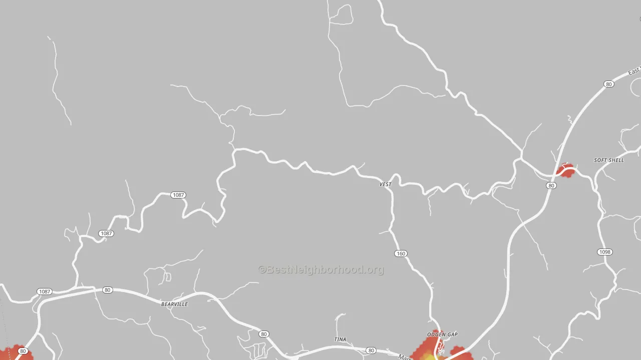 Walk Grade map of 41772, KY, walkable areas in green and car-dependent areas in red