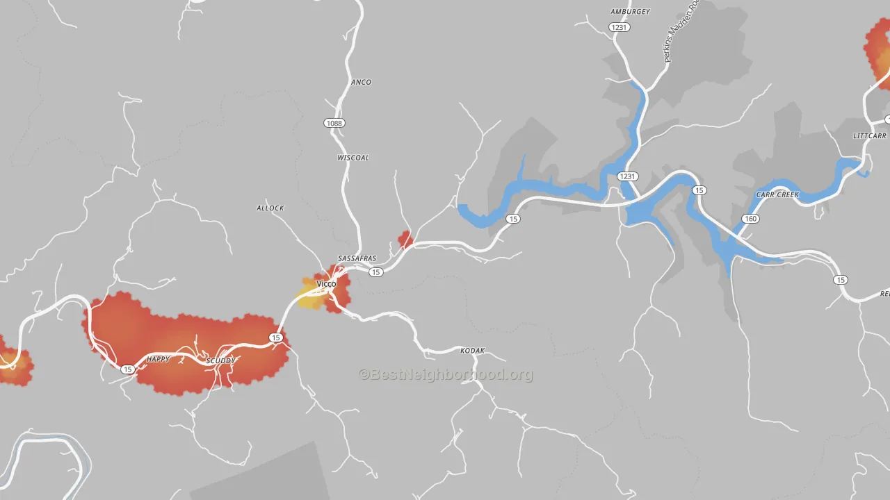 Walk Grade map of 41773, KY, walkable areas in green and car-dependent areas in red