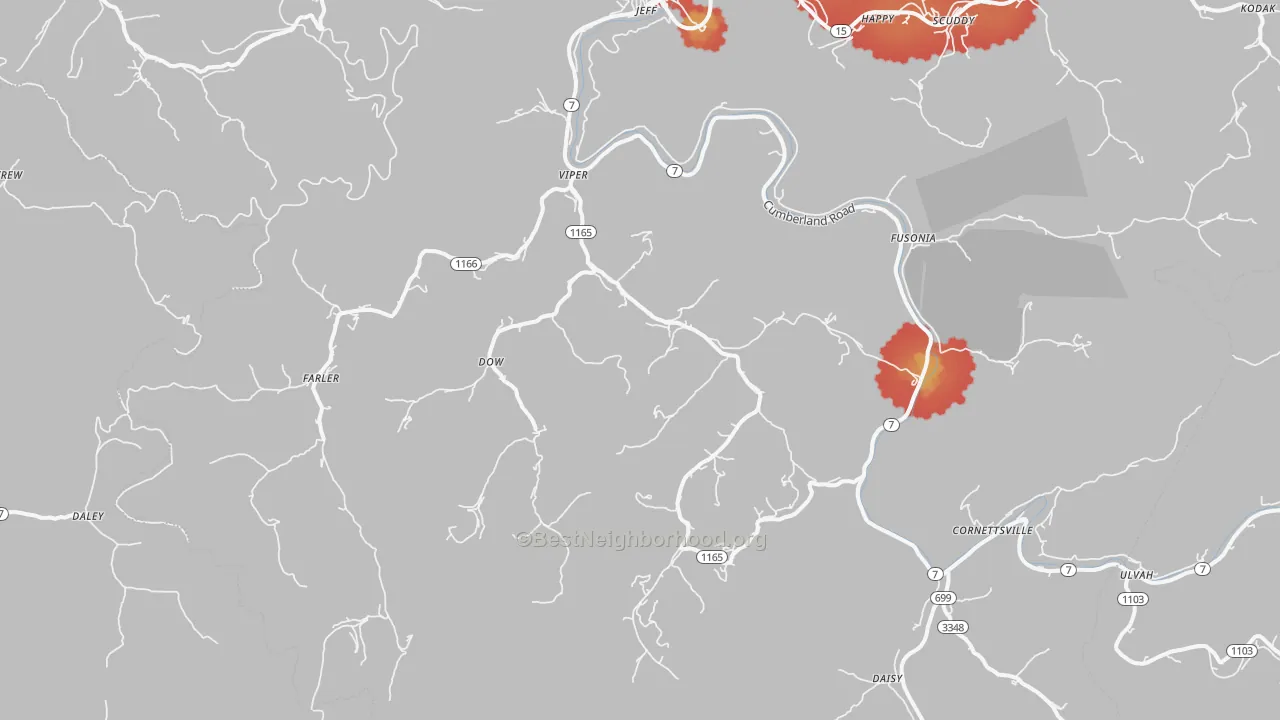 Walk Grade map of 41774, KY, walkable areas in green and car-dependent areas in red