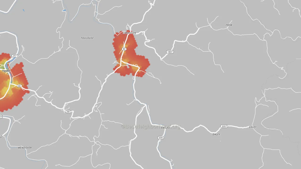 Walk Grade map of 41776, KY, walkable areas in green and car-dependent areas in red