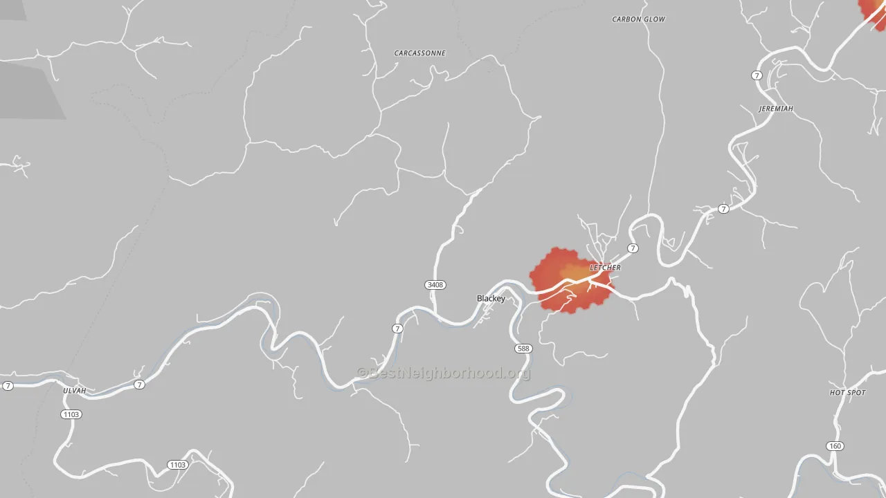 Walk Grade map of 41804, KY, walkable areas in green and car-dependent areas in red