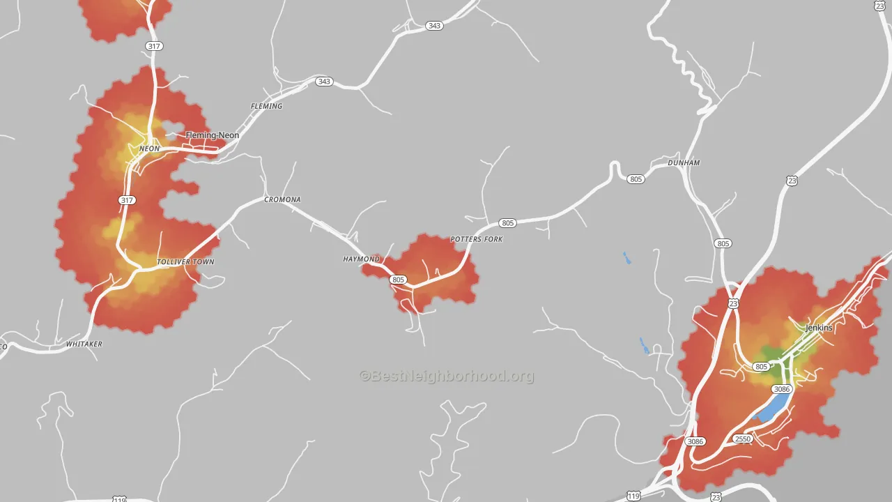 Walk Grade map of 41810, KY, walkable areas in green and car-dependent areas in red