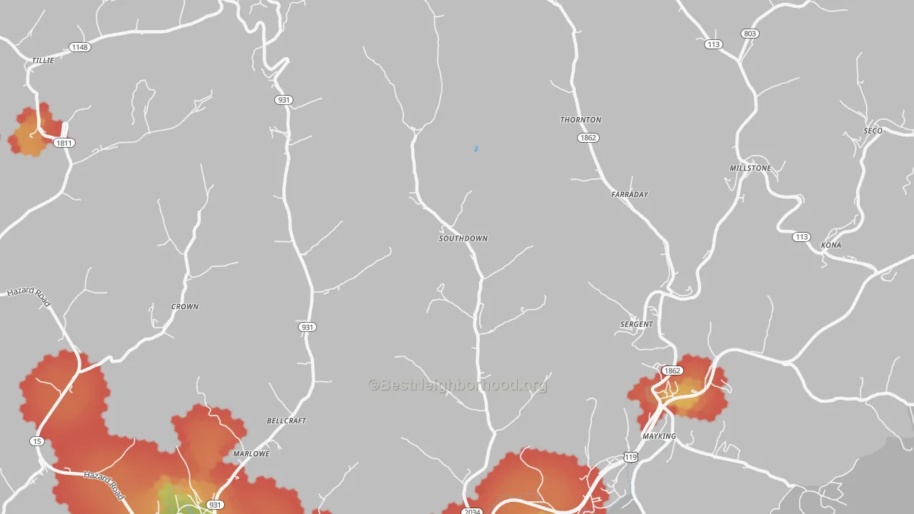 Walk Grade map of 41815, KY, walkable areas in green and car-dependent areas in red
