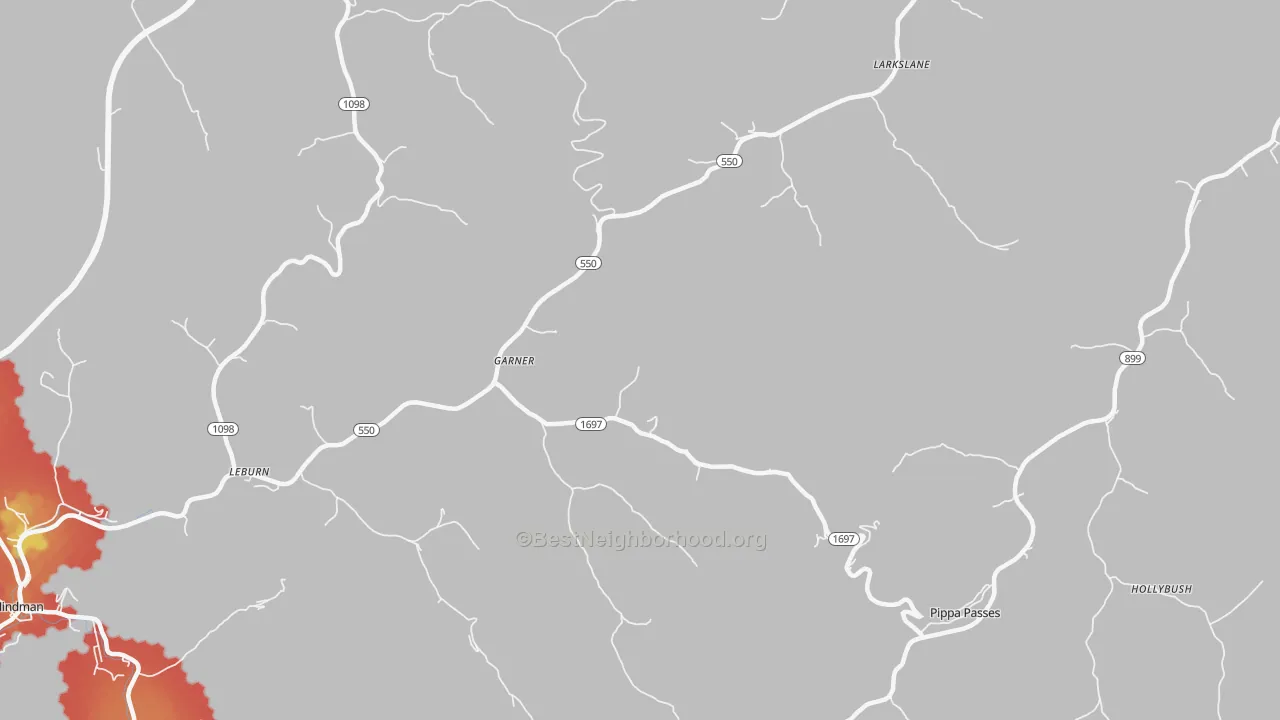 Walk Grade map of 41817, KY, walkable areas in green and car-dependent areas in red