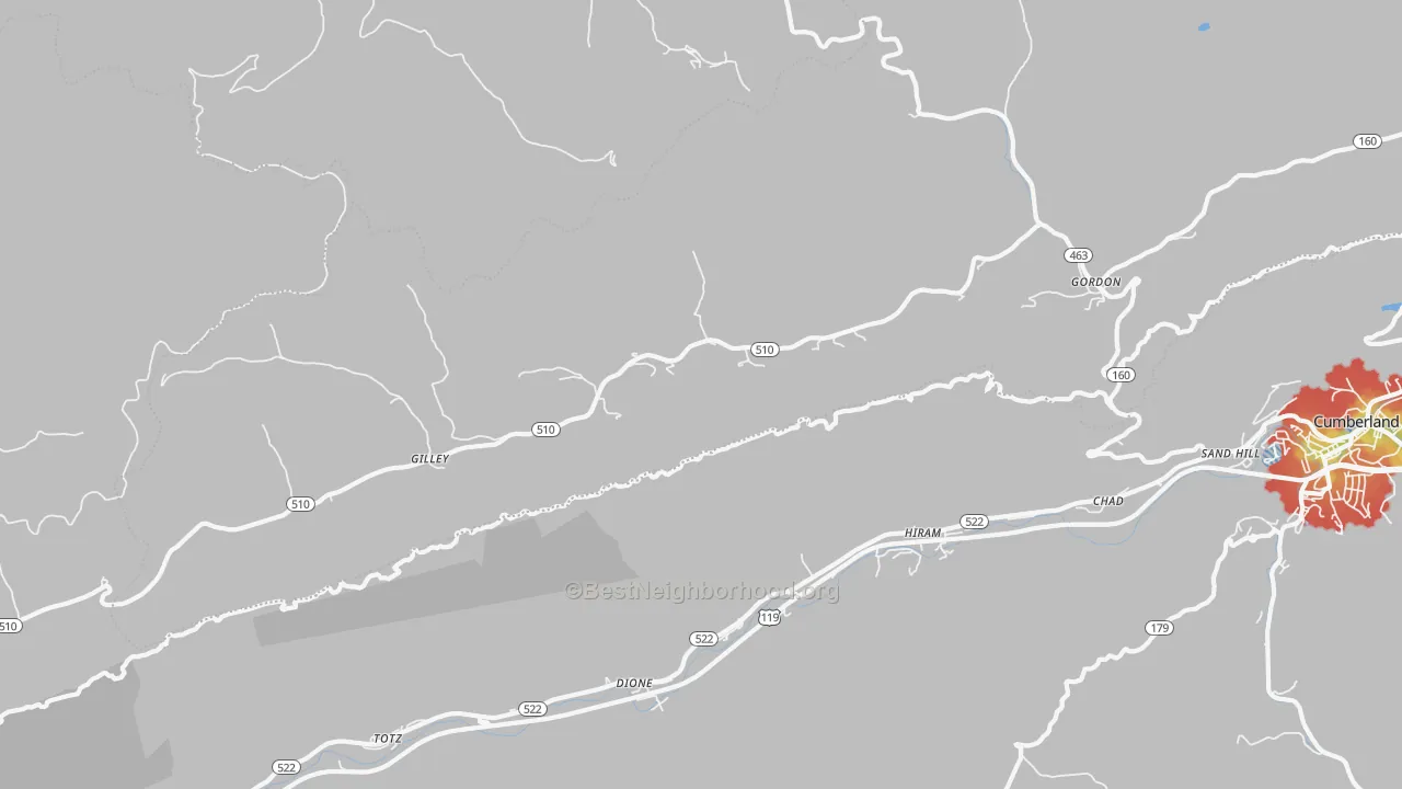 Walk Grade map of 41819, KY, walkable areas in green and car-dependent areas in red