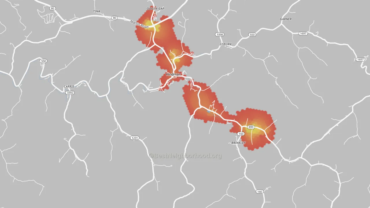 Walk Grade map of 41822, KY, walkable areas in green and car-dependent areas in red