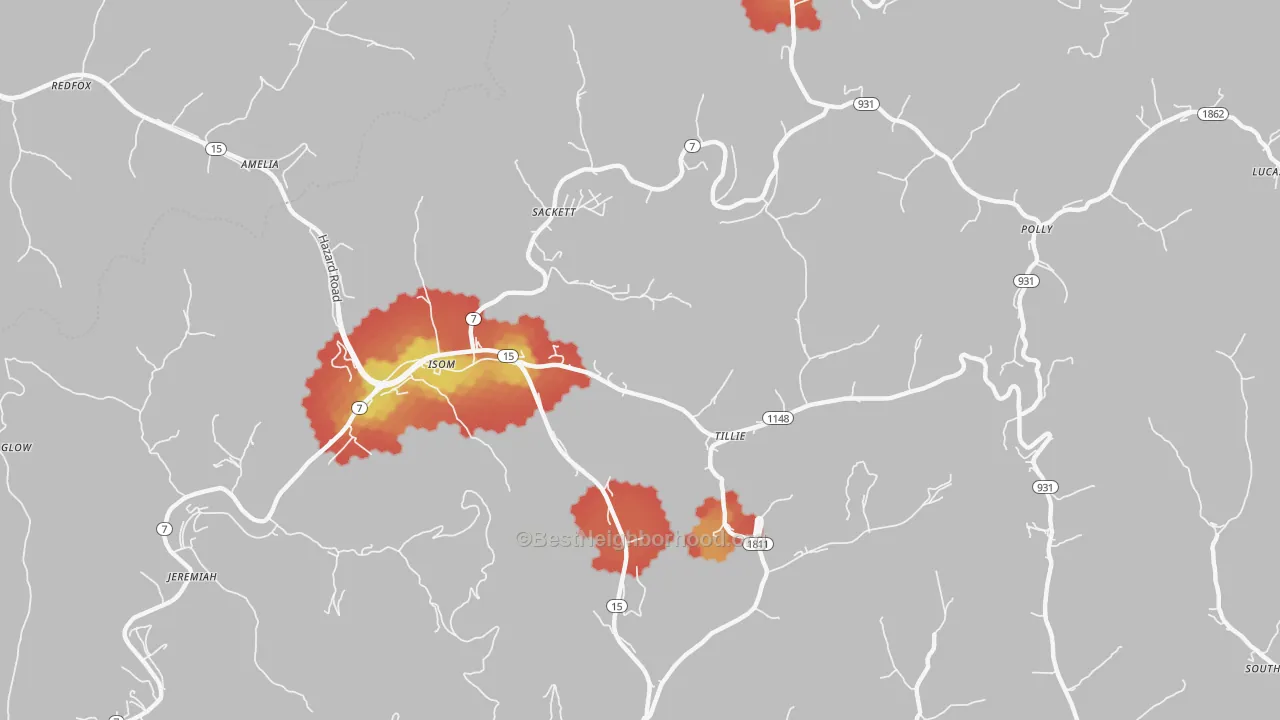 Walk Grade map of 41824, KY, walkable areas in green and car-dependent areas in red