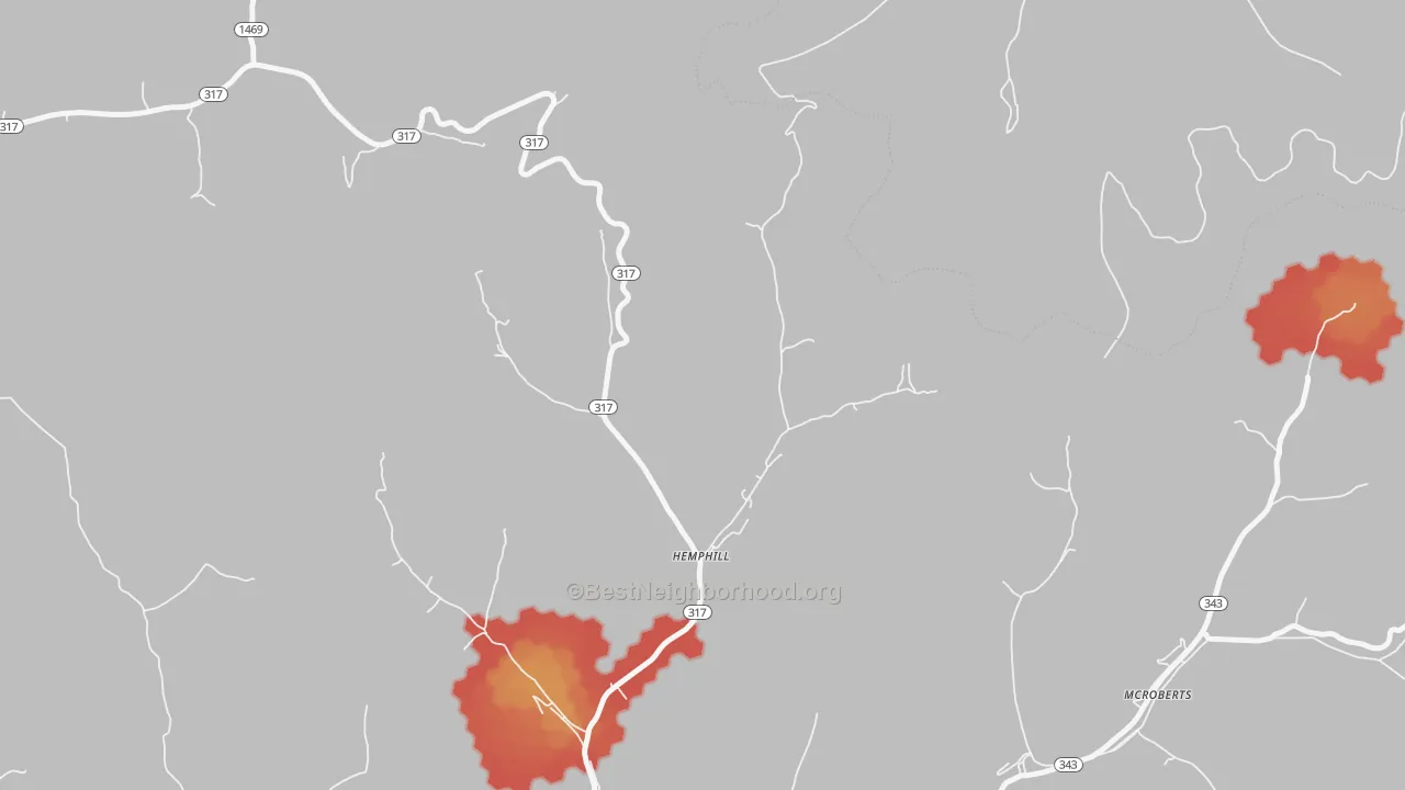 Walk Grade map of 41825, KY, walkable areas in green and car-dependent areas in red