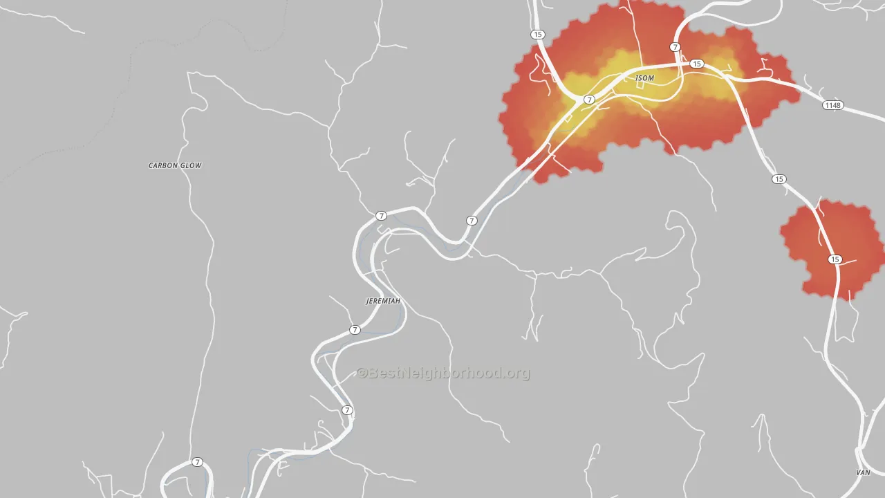 Walk Grade map of 41826, KY, walkable areas in green and car-dependent areas in red