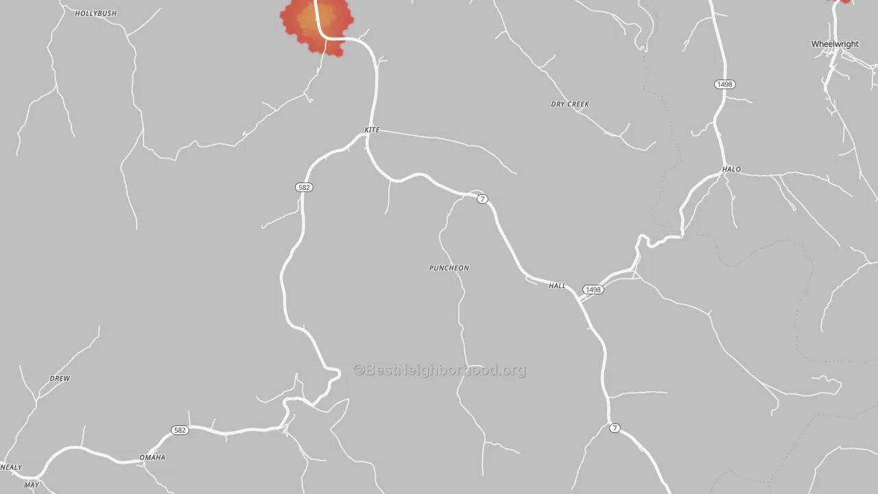 Walk Grade map of 41828, KY, walkable areas in green and car-dependent areas in red