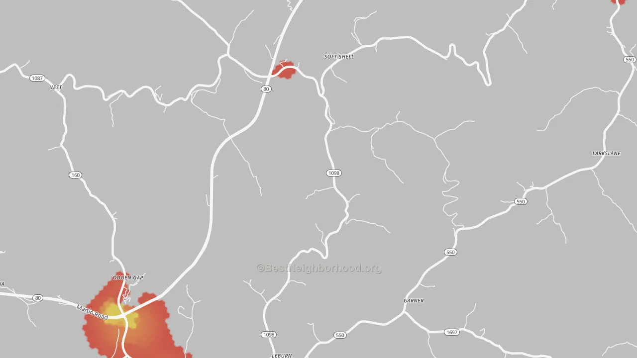 Walk Grade map of 41831, KY, walkable areas in green and car-dependent areas in red