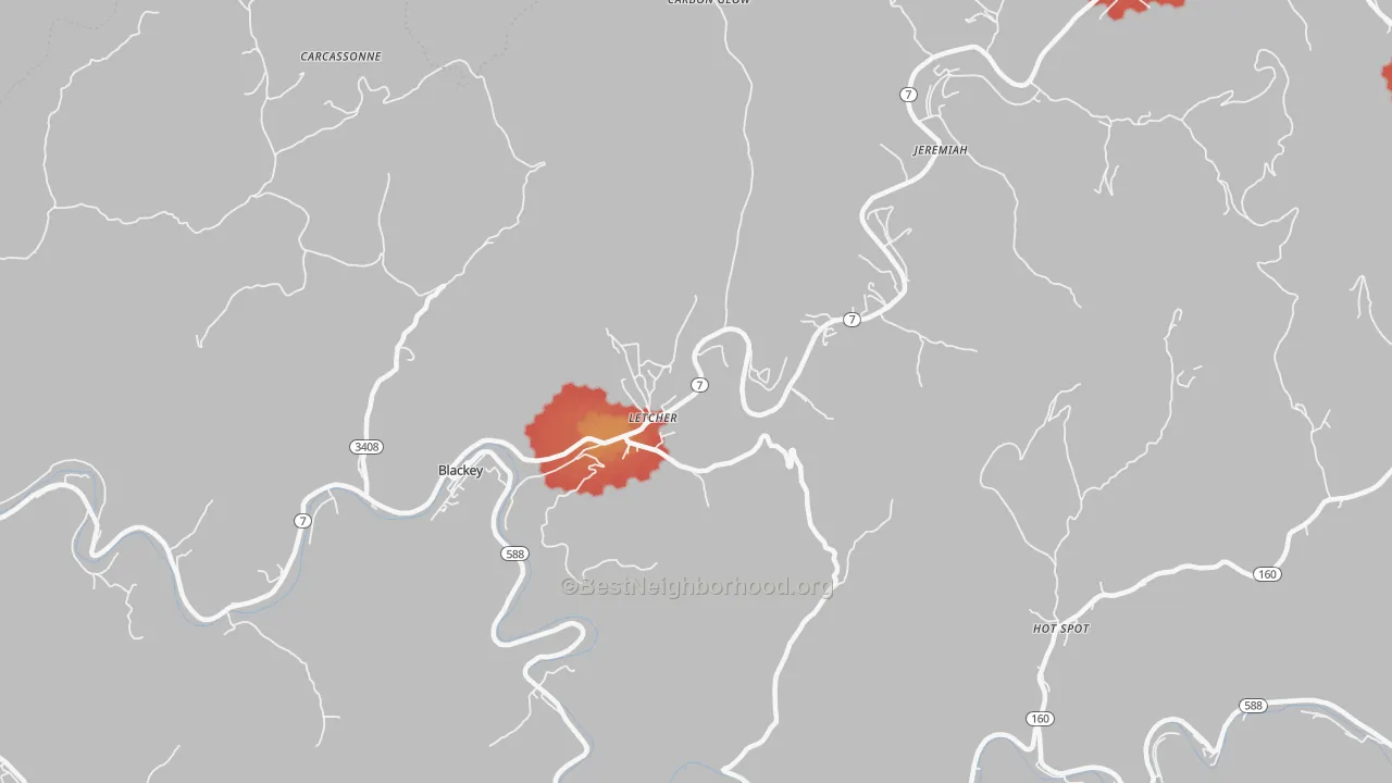 Walk Grade map of 41832, KY, walkable areas in green and car-dependent areas in red