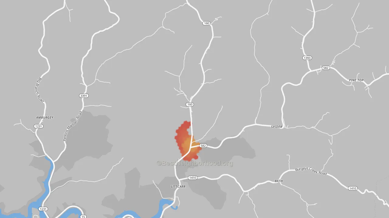 Walk Grade map of 41834, KY, walkable areas in green and car-dependent areas in red