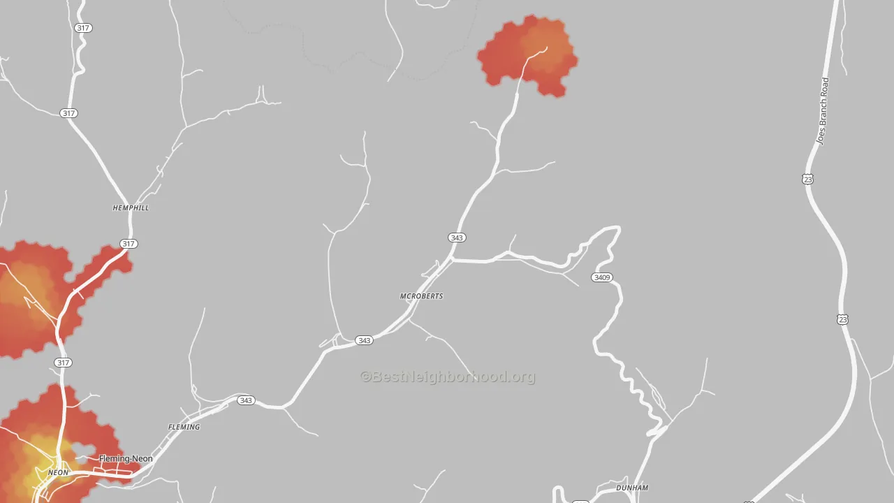 Walk Grade map of 41835, KY, walkable areas in green and car-dependent areas in red