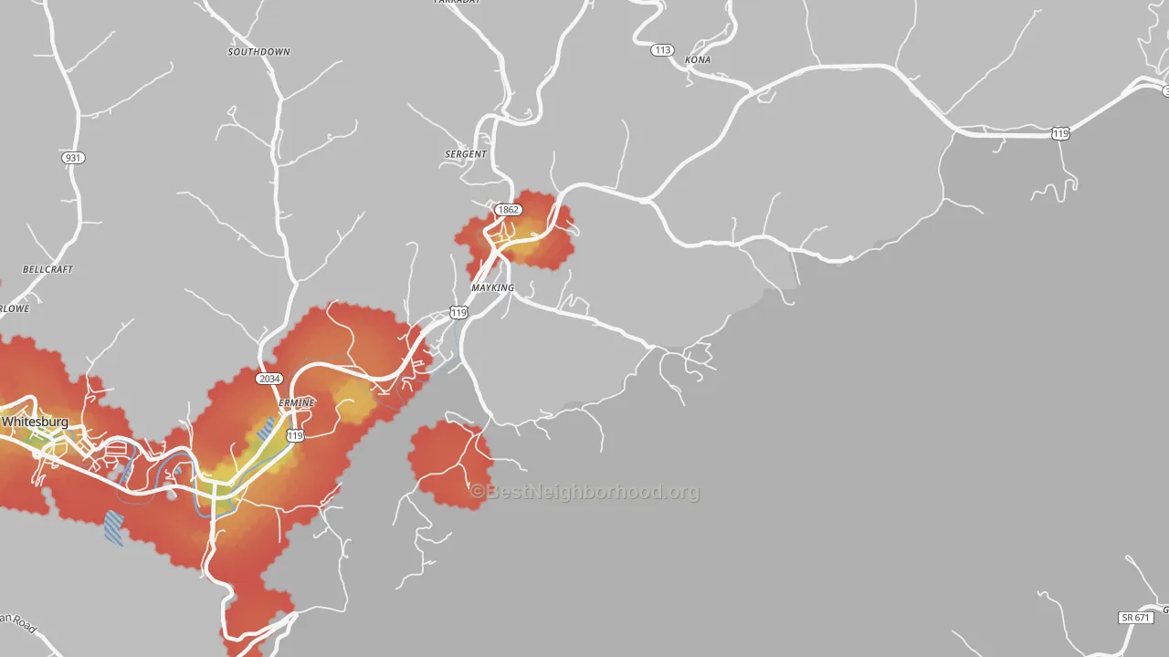 Walk Grade map of 41837, KY, walkable areas in green and car-dependent areas in red