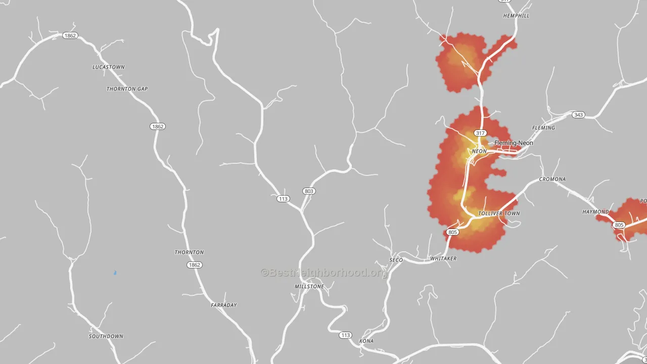 Walk Grade map of 41838, KY, walkable areas in green and car-dependent areas in red