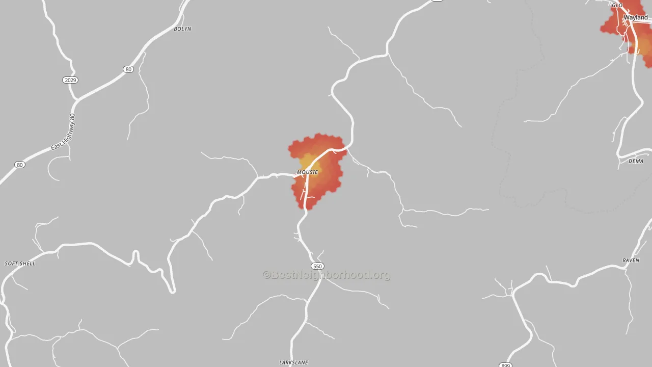 Walk Grade map of 41839, KY, walkable areas in green and car-dependent areas in red