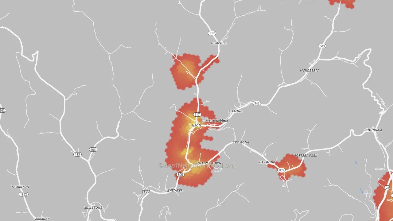 Walk Grade map of 41840, KY, walkable areas in green and car-dependent areas in red