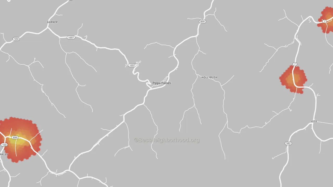 Walk Grade map of 41844, KY, walkable areas in green and car-dependent areas in red