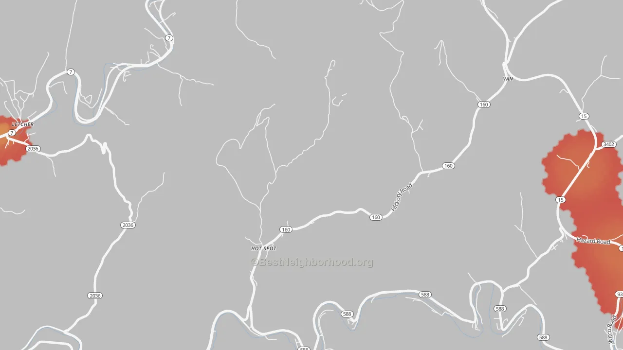 Walk Grade map of 41845, KY, walkable areas in green and car-dependent areas in red