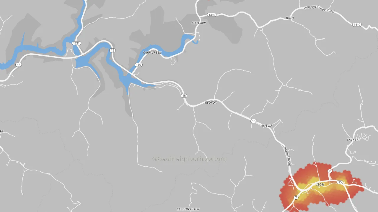 Walk Grade map of 41847, KY, walkable areas in green and car-dependent areas in red