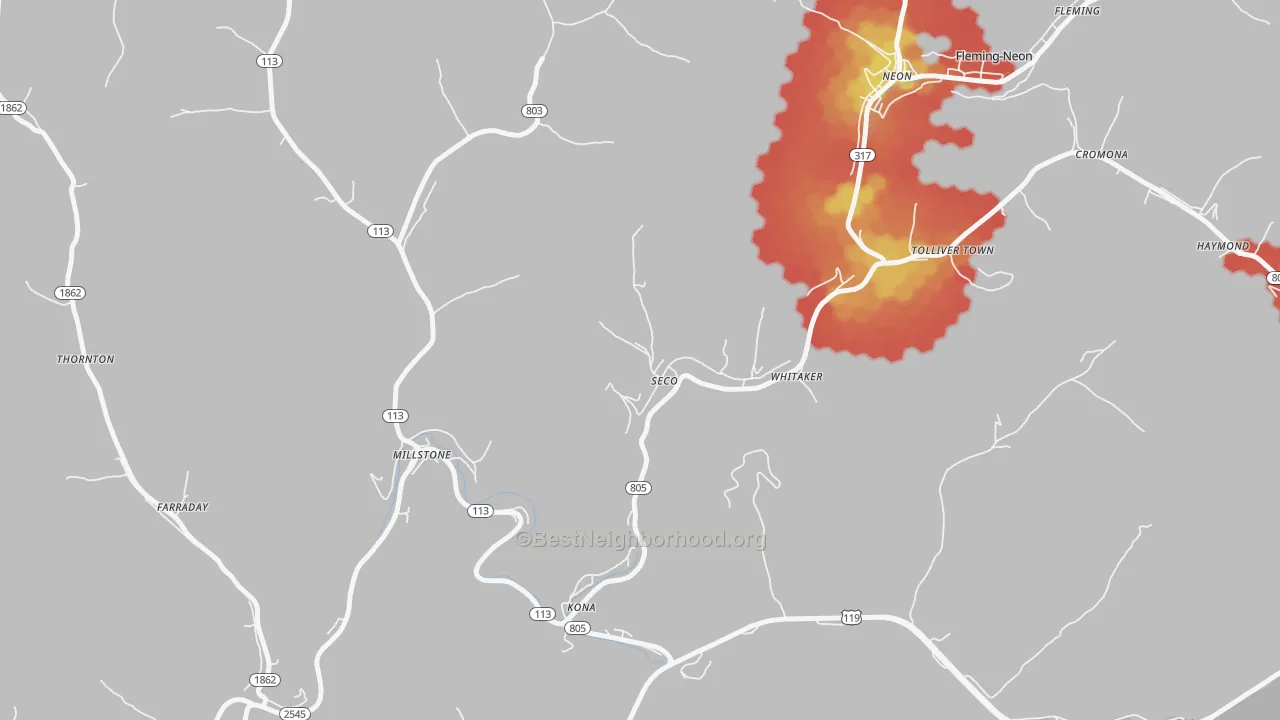 Walk Grade map of 41849, KY, walkable areas in green and car-dependent areas in red