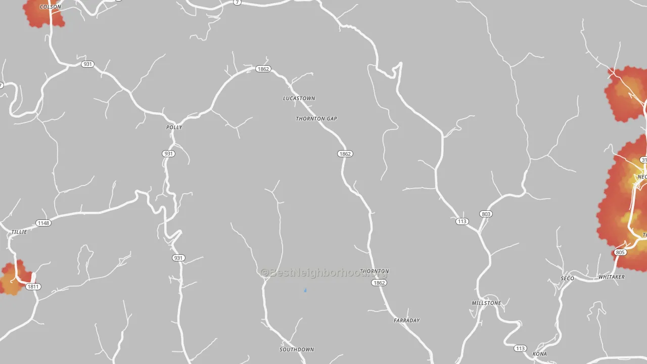 Walk Grade map of 41855, KY, walkable areas in green and car-dependent areas in red