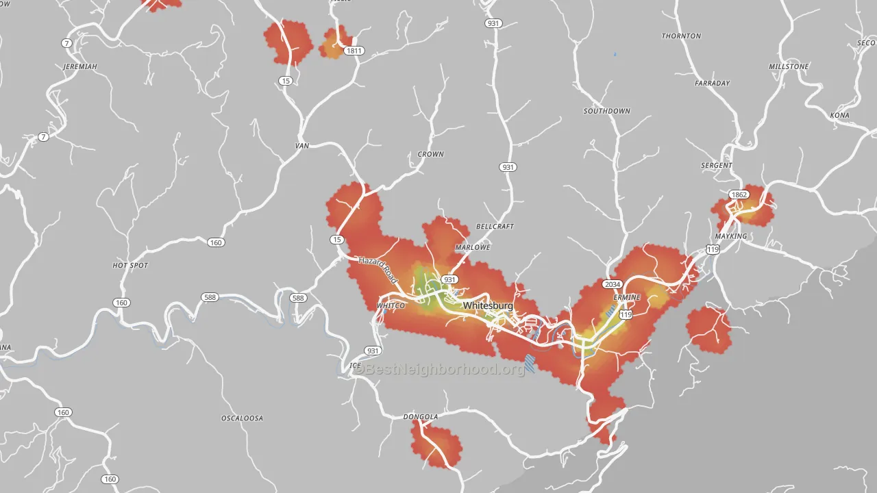Walk Grade map of 41858, KY, walkable areas in green and car-dependent areas in red