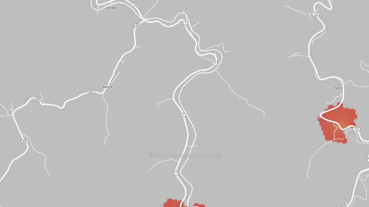 Walk Grade map of 41859, KY, walkable areas in green and car-dependent areas in red