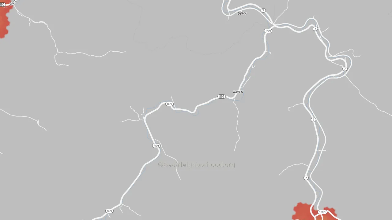 Walk Grade map of 41861, KY, walkable areas in green and car-dependent areas in red