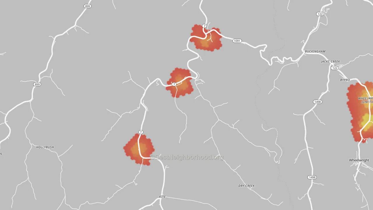 Walk Grade map of 41862, KY, walkable areas in green and car-dependent areas in red