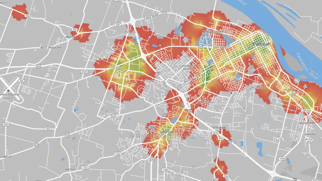 Walk Grade map of 42001, KY, walkable areas in green and car-dependent areas in red