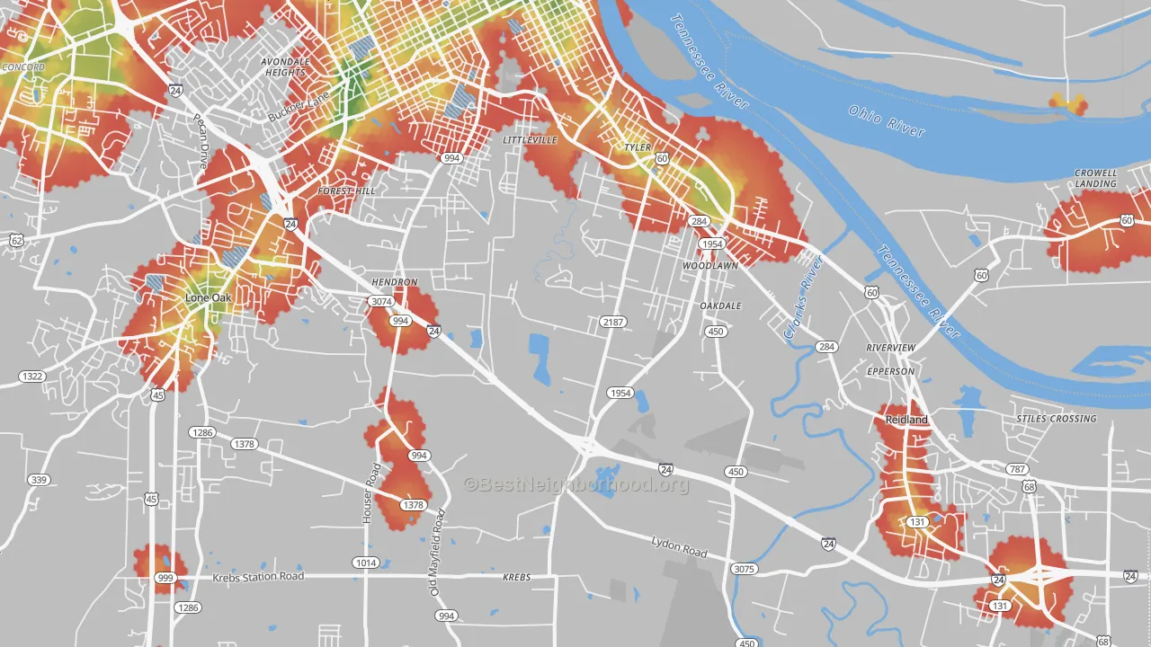 Walk Grade map of 42003, KY, walkable areas in green and car-dependent areas in red