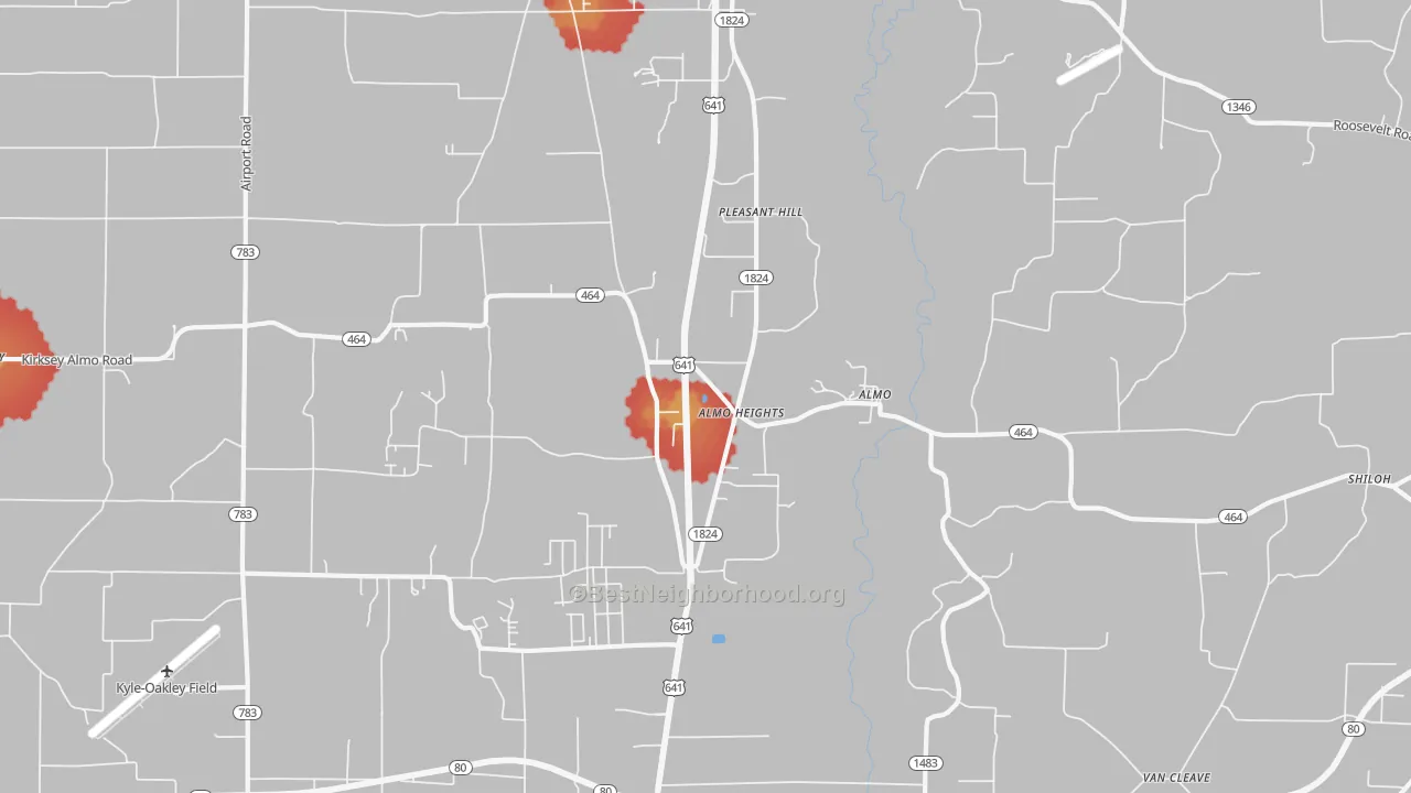 Walk Grade map of 42020, KY, walkable areas in green and car-dependent areas in red