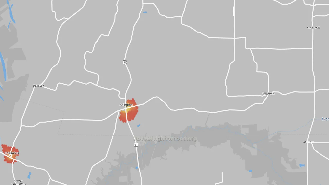 Walk Grade map of 42021, KY, walkable areas in green and car-dependent areas in red