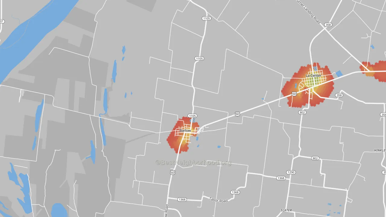 Walk Grade map of 42024, KY, walkable areas in green and car-dependent areas in red