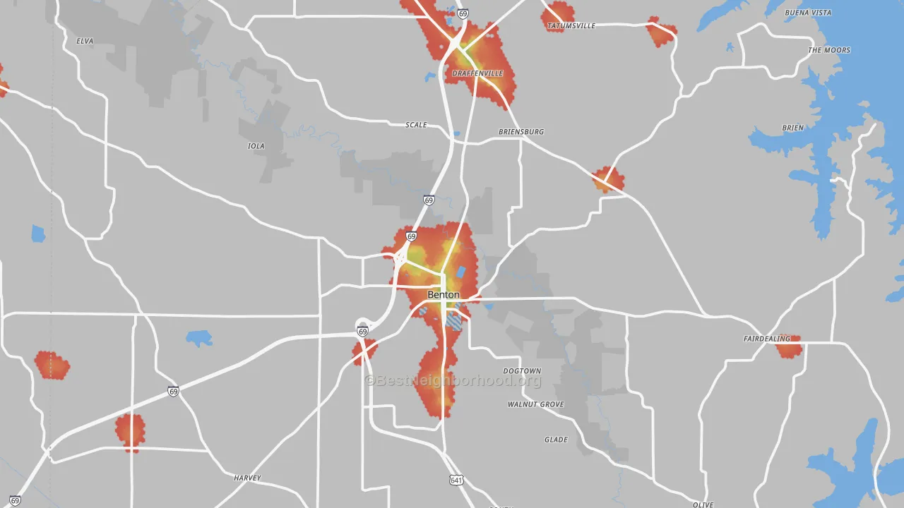 Walk Grade map of 42025, KY, walkable areas in green and car-dependent areas in red