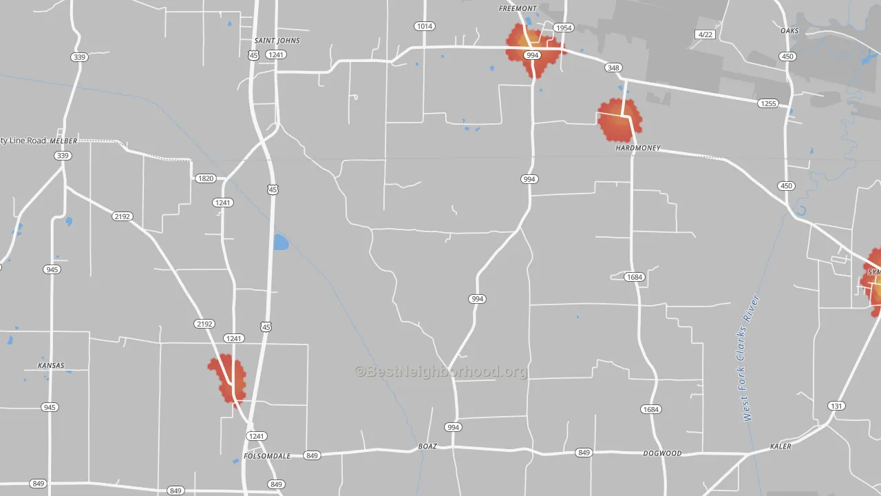 Walk Grade map of 42027, KY, walkable areas in green and car-dependent areas in red