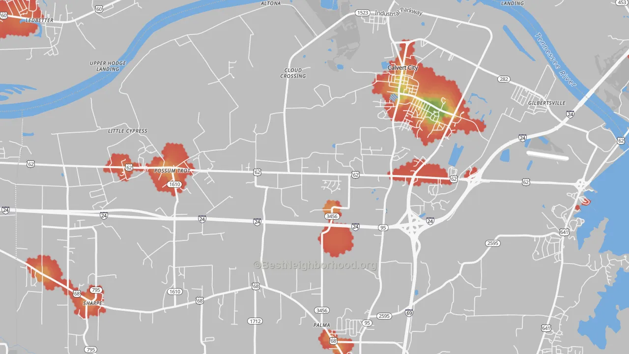 Walk Grade map of 42029, KY, walkable areas in green and car-dependent areas in red