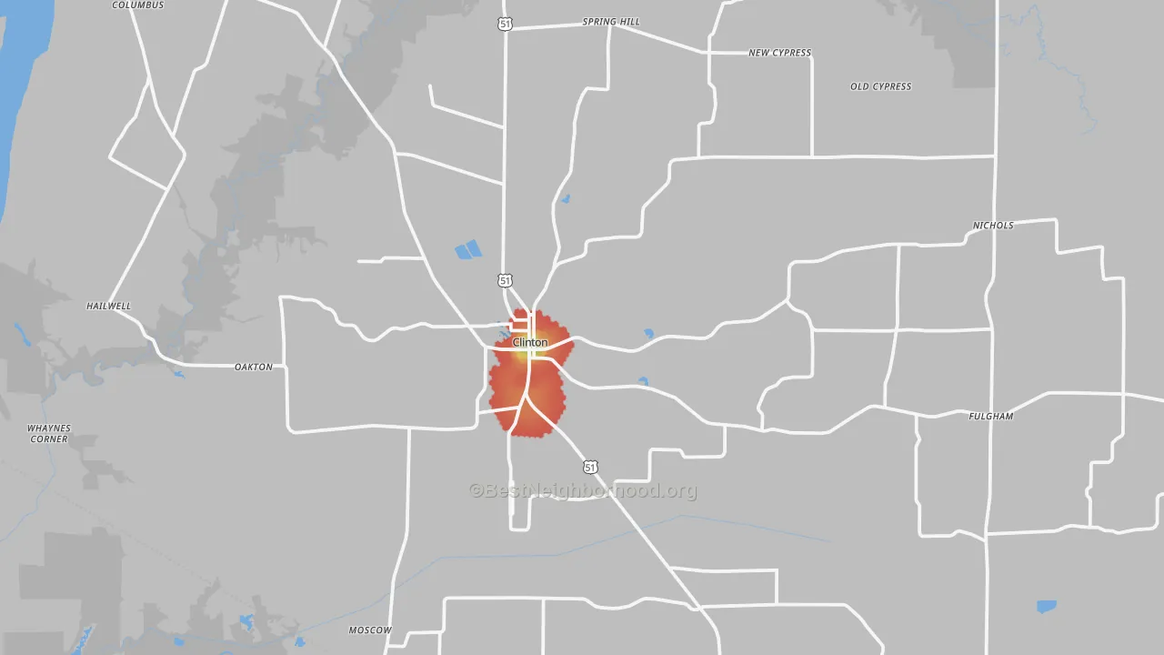 Walk Grade map of 42031, KY, walkable areas in green and car-dependent areas in red