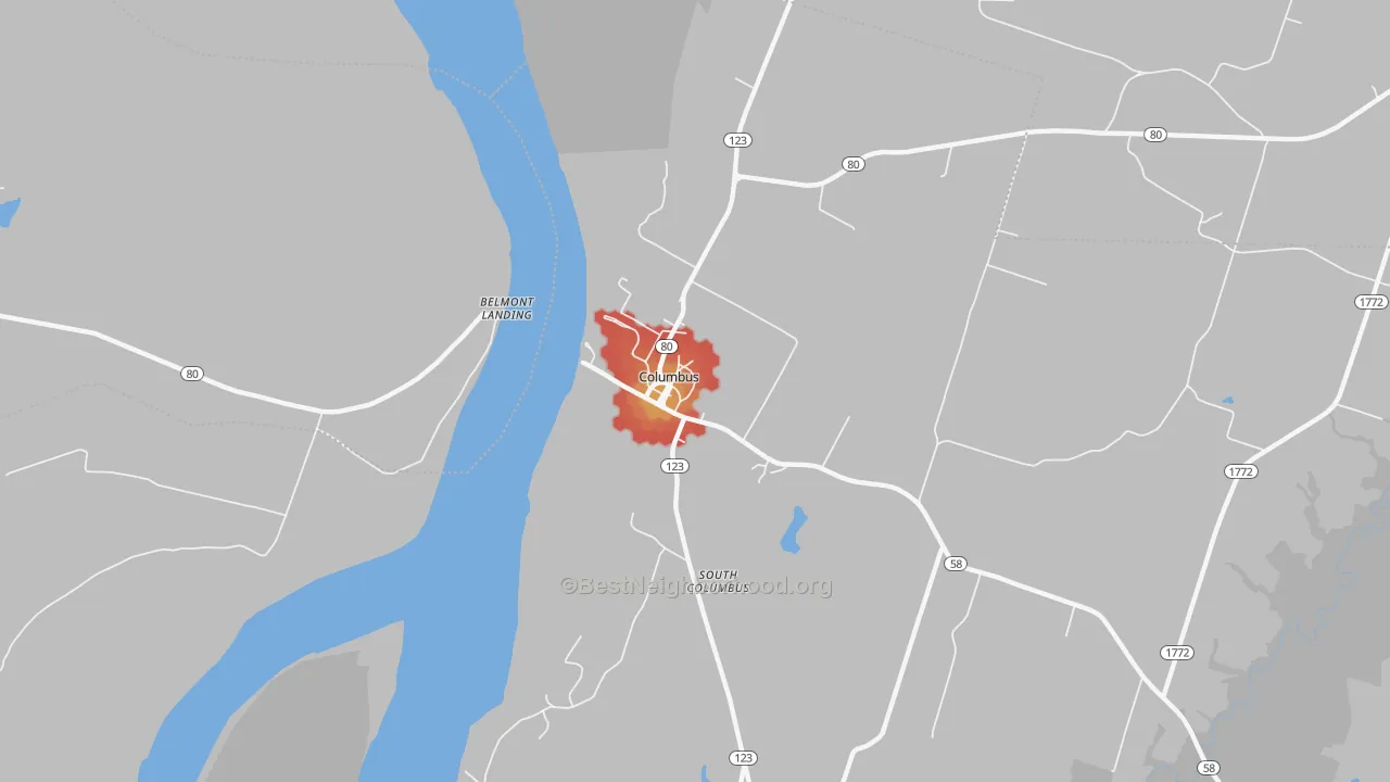 Walk Grade map of 42032, KY, walkable areas in green and car-dependent areas in red