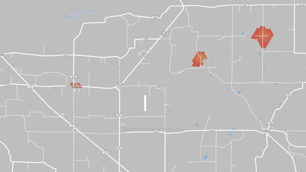 Walk Grade map of 42035, KY, walkable areas in green and car-dependent areas in red
