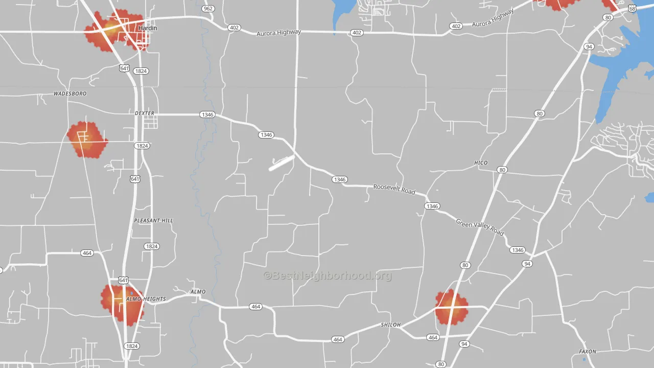 Walk Grade map of 42036, KY, walkable areas in green and car-dependent areas in red