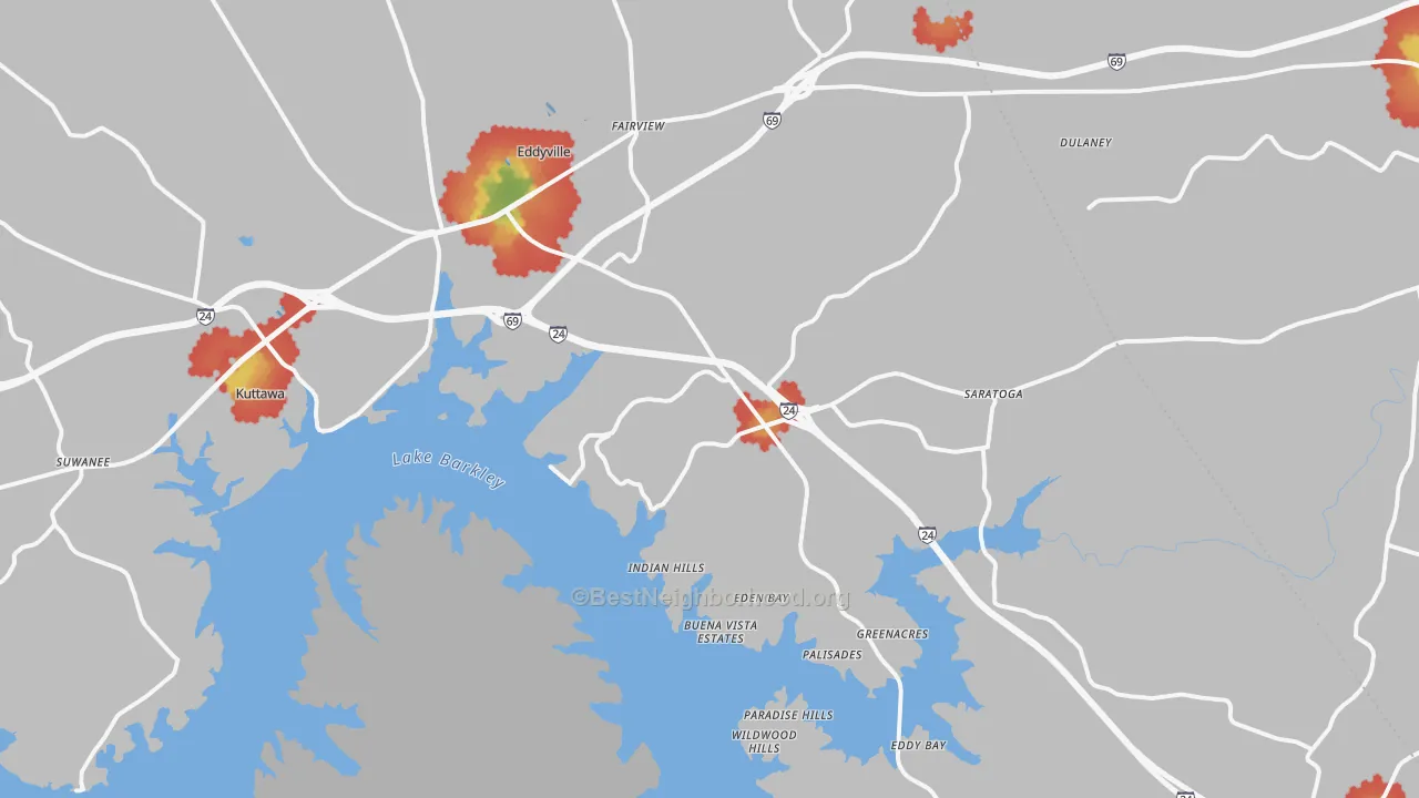 Walk Grade map of 42038, KY, walkable areas in green and car-dependent areas in red