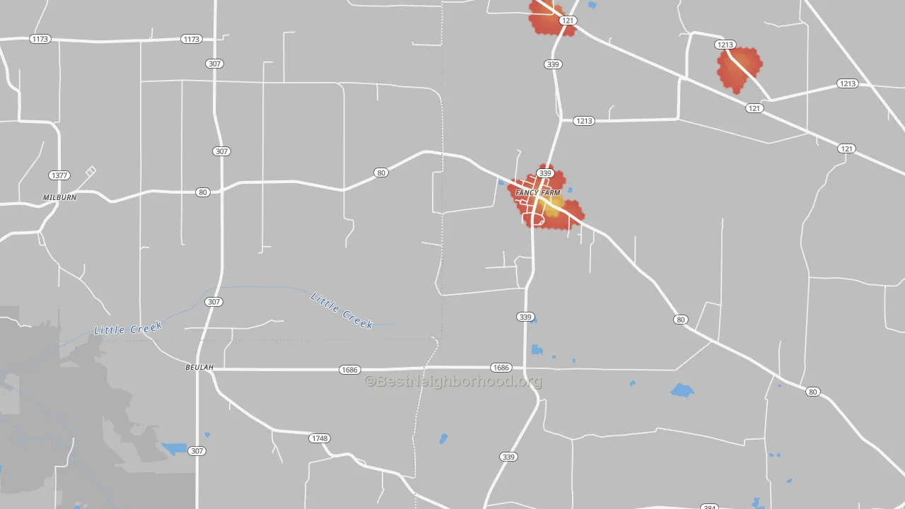 Walk Grade map of 42039, KY, walkable areas in green and car-dependent areas in red
