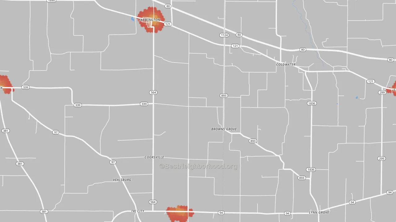 Walk Grade map of 42040, KY, walkable areas in green and car-dependent areas in red