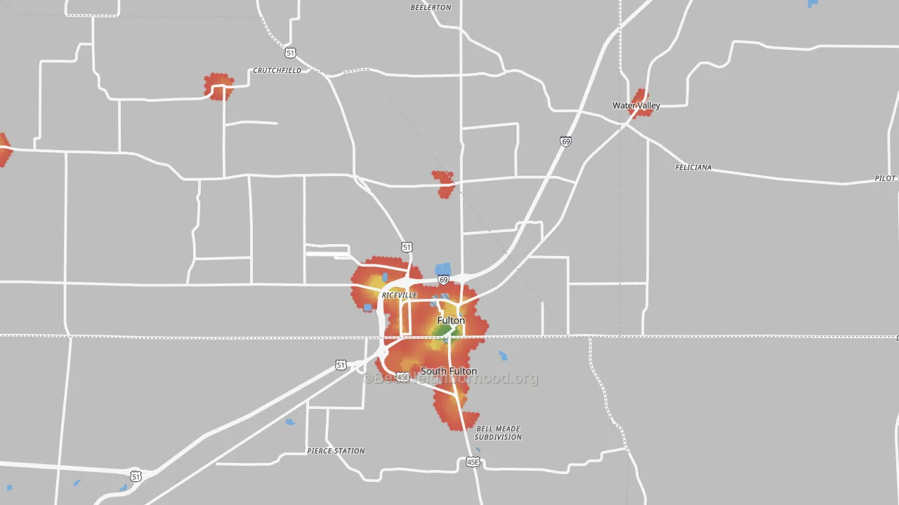 Walk Grade map of 42041, KY, walkable areas in green and car-dependent areas in red