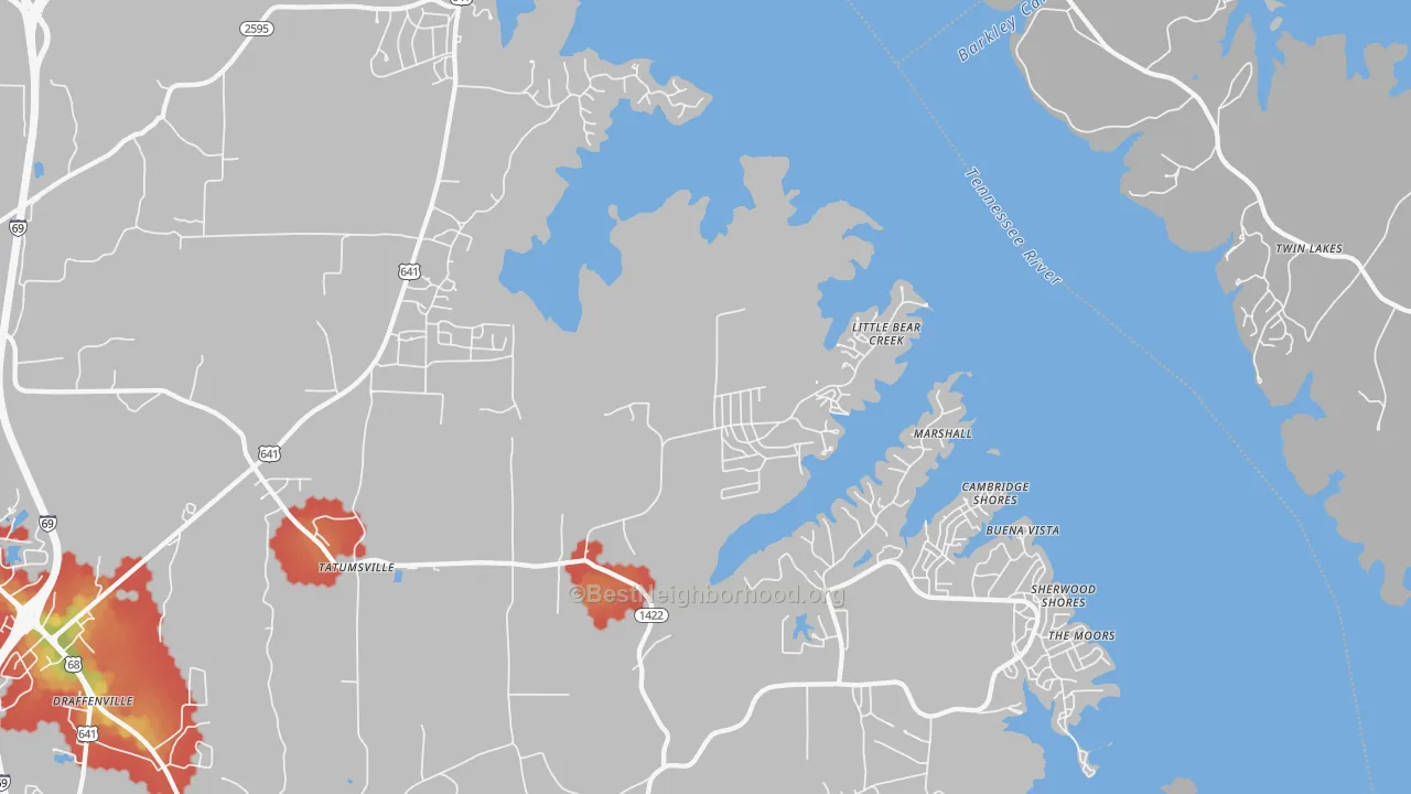Walk Grade map of 42044, KY, walkable areas in green and car-dependent areas in red