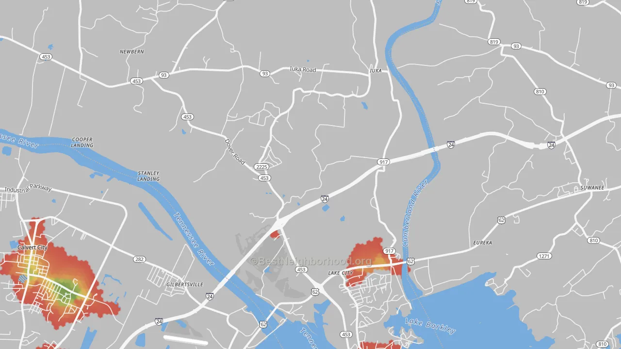 Walk Grade map of 42045, KY, walkable areas in green and car-dependent areas in red