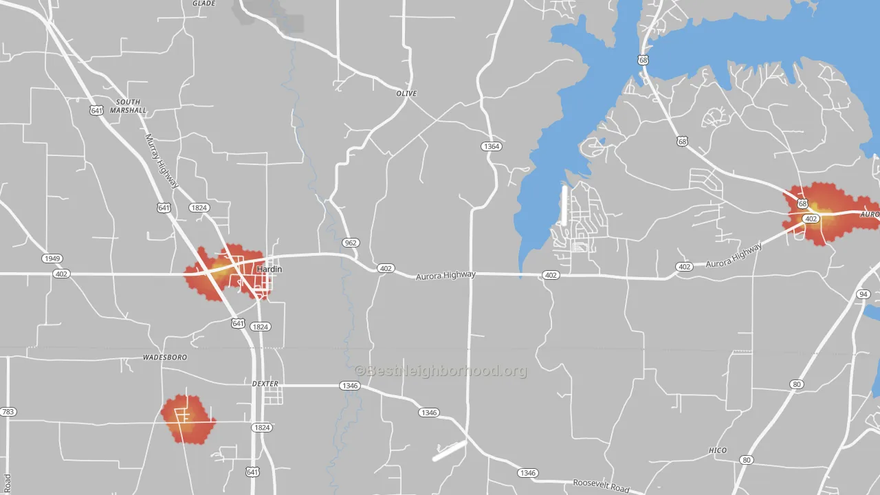 Walk Grade map of 42048, KY, walkable areas in green and car-dependent areas in red